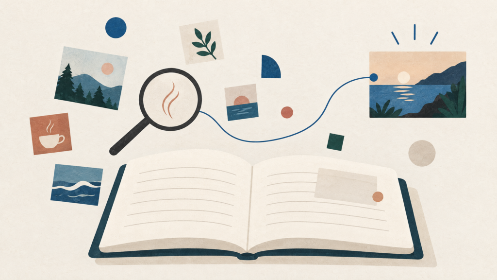 Minimalist illustration of an open journal page with a magnifying circle and a winding thread connecting a clue to a highlighted memory.