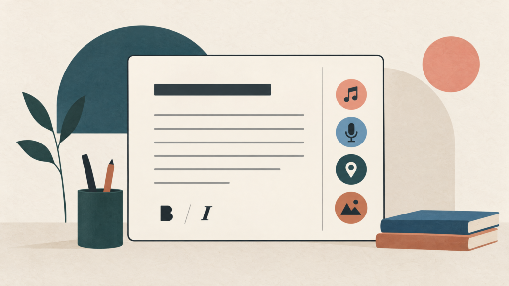 Minimalist illustration of an open writing canvas with text lines and small symbols for music, voice, location, and photos.